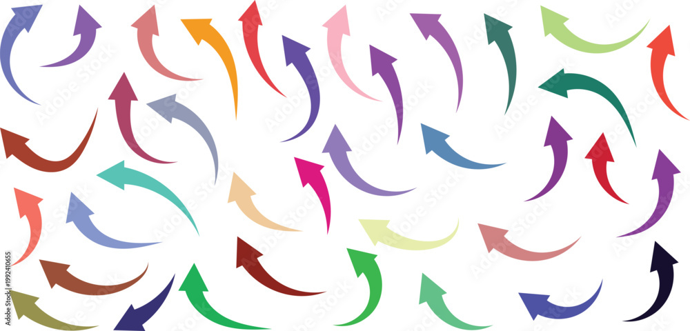 Obraz premium Collection of multicolored curved arrows pointing in various directions on white background