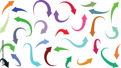 Collection of colorful curved arrows in various directions and shapes on white background