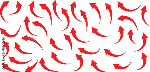 Collection of red curved arrows pointing in various directions on a white background