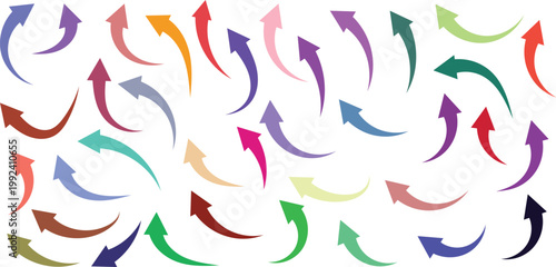Collection of multicolored curved arrows pointing in various directions on white background