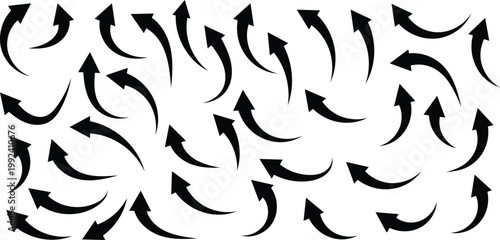 Collection of black curved arrows pointing in various directions on white background