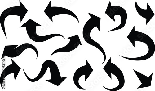 Collection of black curved arrows in various shapes and directions on white background