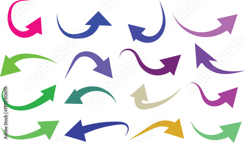 Set of sixteen colorful curved arrows in various shapes and directions on white background