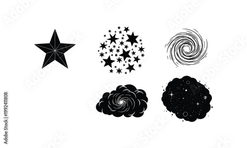 Celestial symbols and cosmic patterns in monochrome artistic designs