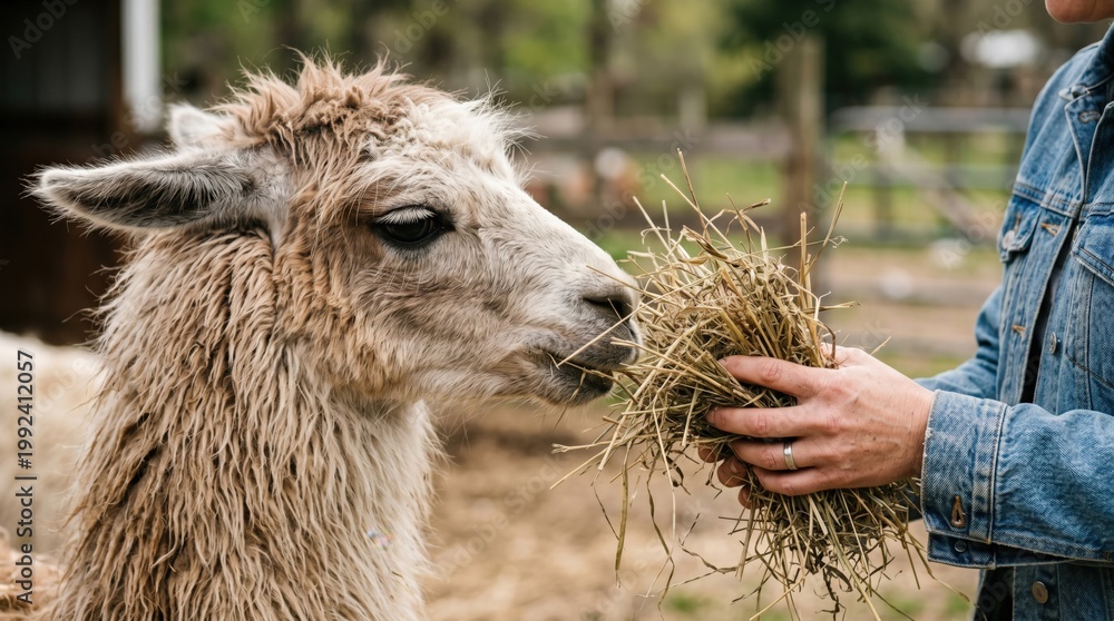 Fototapeta premium A llama enjoys eating hay from a person's hand while standing in a farm setting. Shared moments of care and connection with animals.