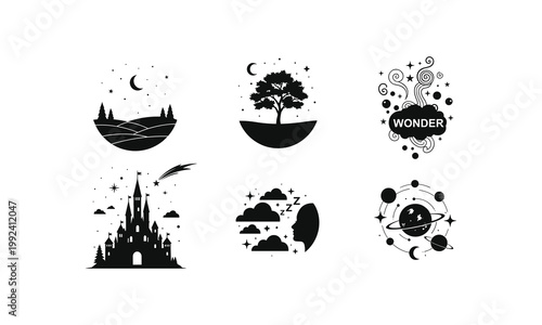 Mystical and whimsical icons of fantasy and celestial wonders