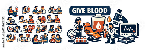 Blood donation and medical care illustrations with doctors and patients