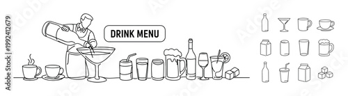 Barista preparing drinks and assortment of beverages in a minimalist line art style