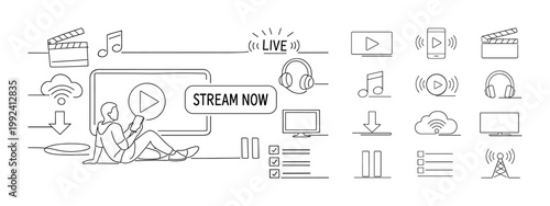 Digital media icons and symbols for streaming and online content creation