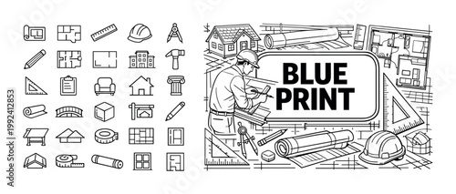 Architectural blueprint design with tools and construction elements