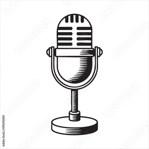 Classic vintage microphone on a stand with detailed shading.