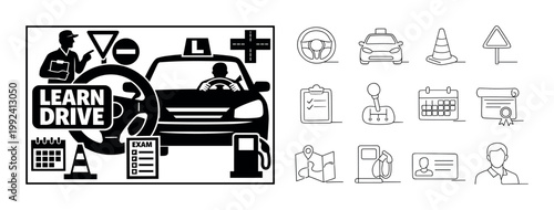 Driving school icons and illustrations for learning to drive and passing exams