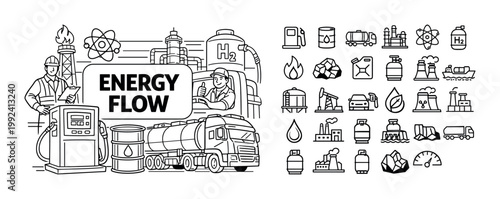 Energy flow illustration showing fuel transport and industrial processes