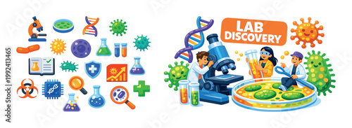 Microbiology lab discovery with scientists examining viruses and DNA