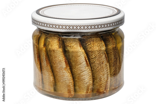 Isolated glass jar of canned sprats in oil. Traditional seafood delicacy and packaged fish product rich in protein and nutrients, ready to eat meal.