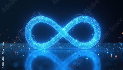 Abstract blue infinity symbol glows with digital particles. Endless loop design for concepts of eternity future tech data and infinity. Futuristic loop.