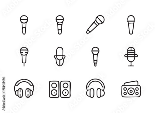 Audio equipment doodle icons set including microphones headphones speakers and radio device symbols.