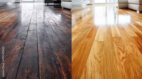 Hardwood floor restoration before and after comparison of old and new wood planks