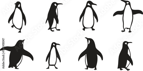 Simple penguin silhouettes showing a penguin with a ball and a scarf in a clean winter vector style