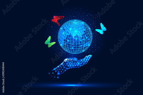 The globe is held by a hand that saves the world, butterflies fly, nature comes to life. Vector illustration in a low-poly style.