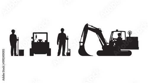 Construction Worker Silhouettes Operating Heavy Machinery for Industrial Engineering and Infrastructure Concepts