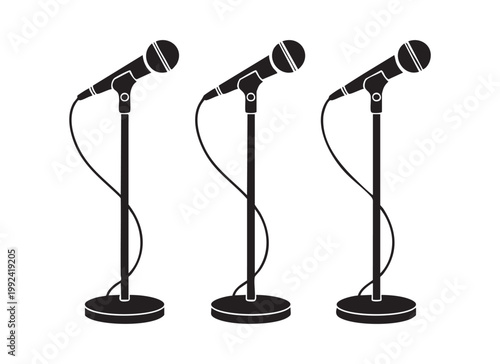 Three black microphones on stands icons isolated on white background with cables.