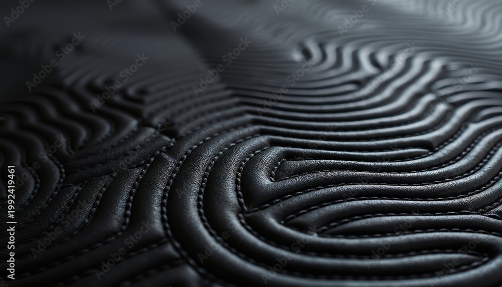 Fototapeta premium Black upholstered surface shows wave pattern made by repeating stitches. Smooth, deep texture creates abstract background with soft, rhythmic lines and tactile feel for interior design.