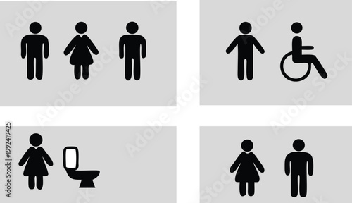 Public Restroom Icons Set – Toilet, Shower, Wheelchair, Baby, Trash Symbols Vector