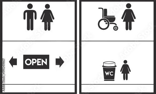 Public Restroom Icons Set – Toilet, Shower, Wheelchair, Baby, Trash Symbols Vector