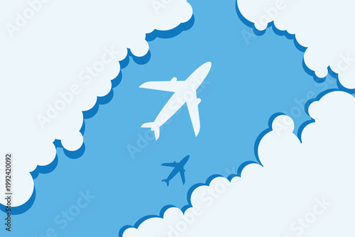 Vector illustration in a layered paper cut style featuring a white airplane. Framed by stylized clouds with shadows. Dreamy concept for travel banners, wallpapers, and social media backgrounds
