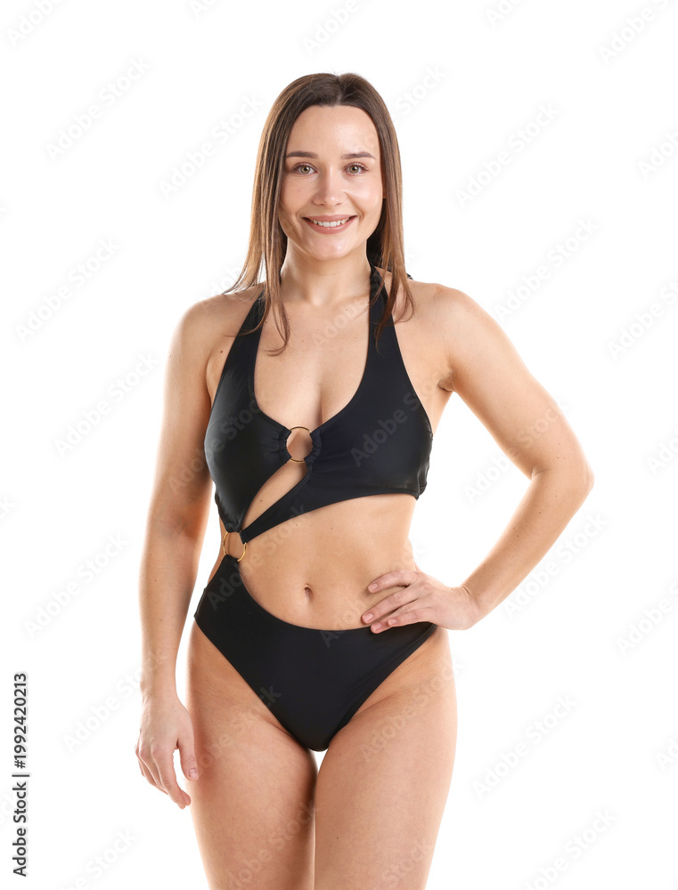 Fototapeta premium Beautiful woman wearing stylish swimsuit on white background