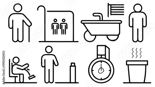 Public Restroom Icons Set – Toilet, Shower, Wheelchair, Baby, Trash Symbols Vector