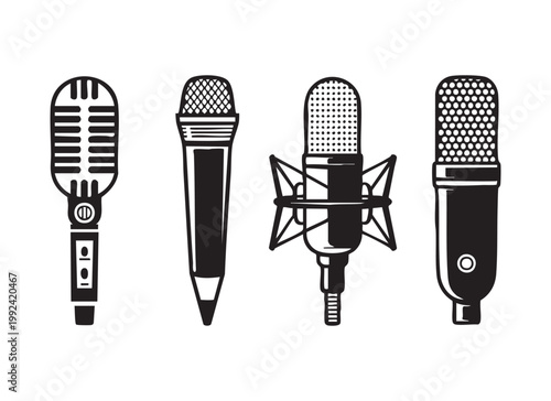 Professional microphone collection with retro studio equipment and modern condenser mic silhouettes.