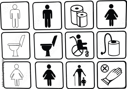 Public Restroom Icons Set – Toilet, Shower, Wheelchair, Baby, Trash Symbols Vector