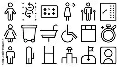 Public Restroom Icons Set – Toilet, Shower, Wheelchair, Baby, Trash Symbols Vector