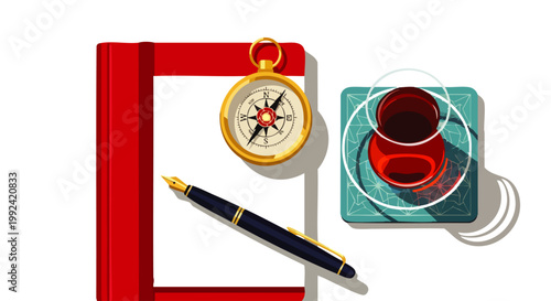 Red notebook, fountain pen, compass, and tea cup on white background, symbolizing planning, writing, and reflection