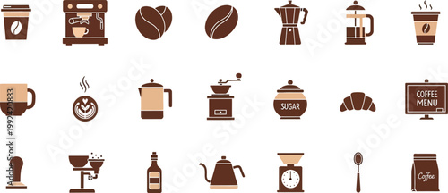 Iconic illustrations of coffee related items and accessories Vector
