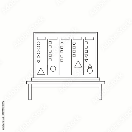 Kanban board for project management and workflow visualization with different shapes and columns, simple line art illustration
