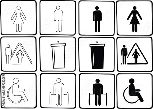 Public Restroom Icons Set – Toilet, Shower, Wheelchair, Baby, Trash Symbols Vector