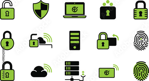 Comprehensive illustration of cybersecurity and data protection icons Vector