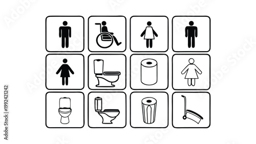 Public Restroom Icons Set – Toilet, Shower, Wheelchair, Baby, Trash Symbols Vector