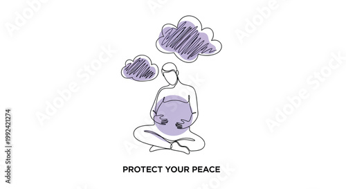 Mindfulness, meditation, yoga, peaceful, purple, illustration, protect your peace, calm, serenity, vector