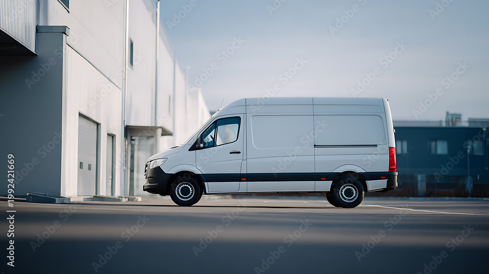 Fototapeta premium White delivery van parked outside a modern warehouse building on a sunny day, showcasing logistics, transport, and commercial services