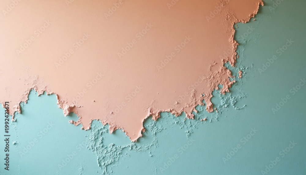 Fototapeta premium Peeling peach paint on blue wall creates abstract texture. Uneven edges suggest damage decay. Visual shows weathered surface with contrasting color scheme. Ideal for backgrounds, conceptual designs.