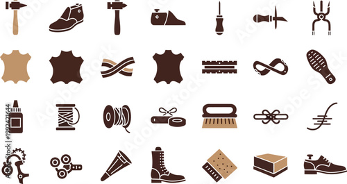 Collection of tools and materials used in shoemaking and cobbler crafts Vector