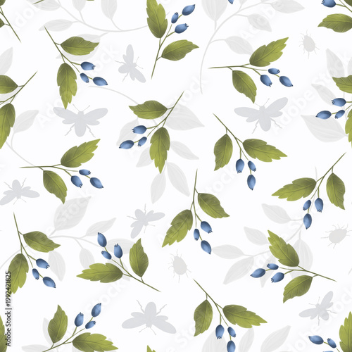 Seamless pattern with blue berries and green leafy branches in watercolor style. Delicate botanical repeat design on light background.