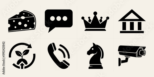 A collection of black icons on a beige background featuring various symbols and objects, including a silhouette of a security camera.