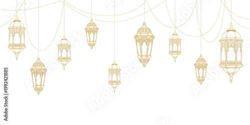 Arabic traditional Ramadan Kareem eastern lanterns garland. Muslim ornamental hanging golden lanterns vector illustration set. Islamic oriental style garland