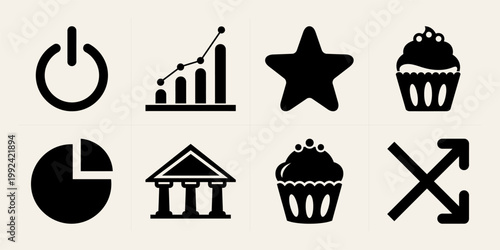 A set of black icons on a beige background featuring a power button, graph, star, cupcake, pie chart, bank building, and arrow, creating a silhouette effect.