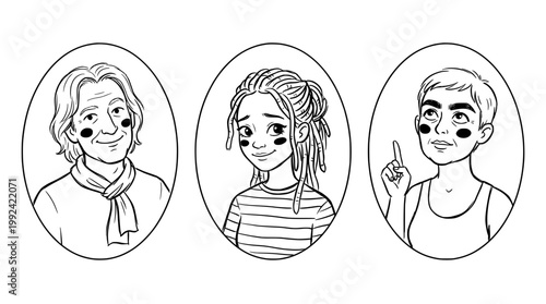 Hand-drawn Line Art Portrait Illustrations of Diverse Young People with Different Hairstyles and Expressions